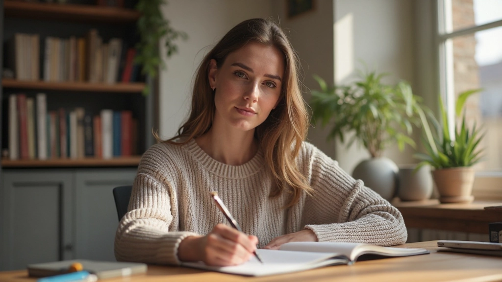 Person sitzt am Schreibtisch mit Notizbuch und schreibt ihre Ziele auf